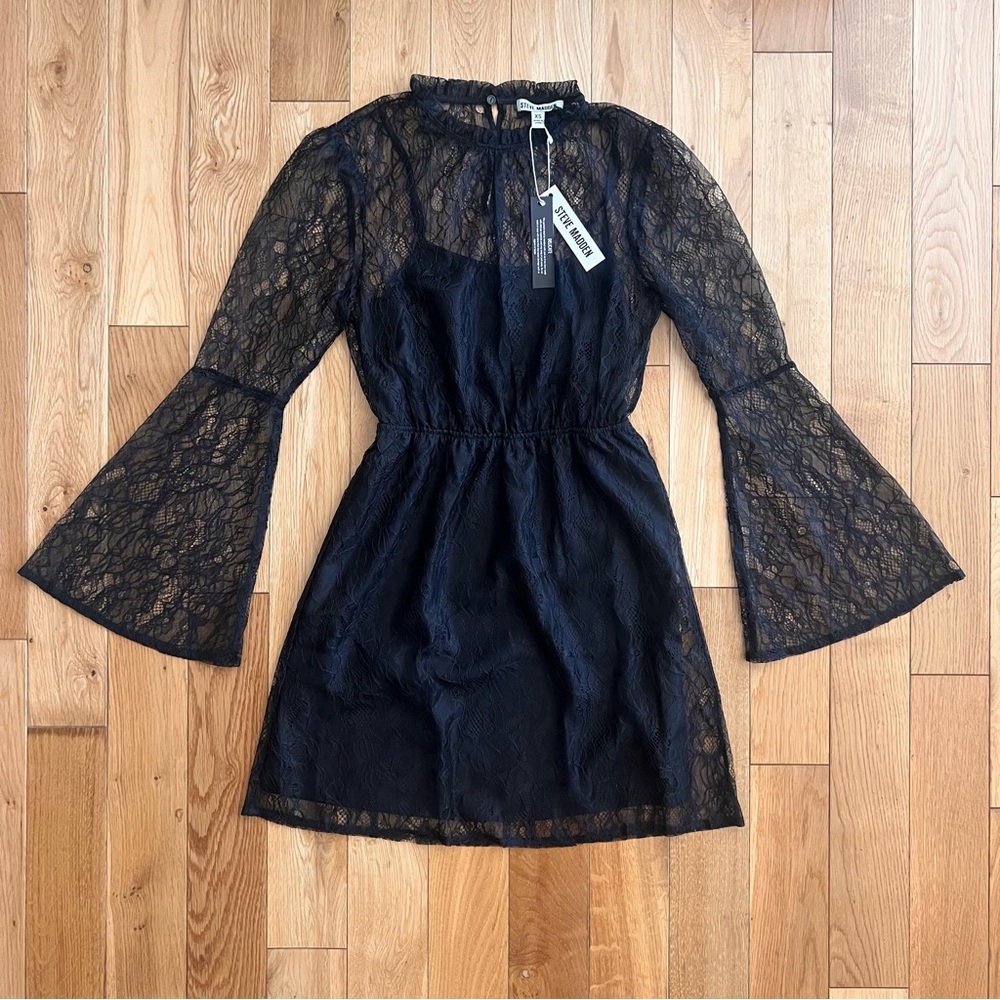 Steve Madden Womens Lace Long Bell Sleeve Mini Dress Size XS